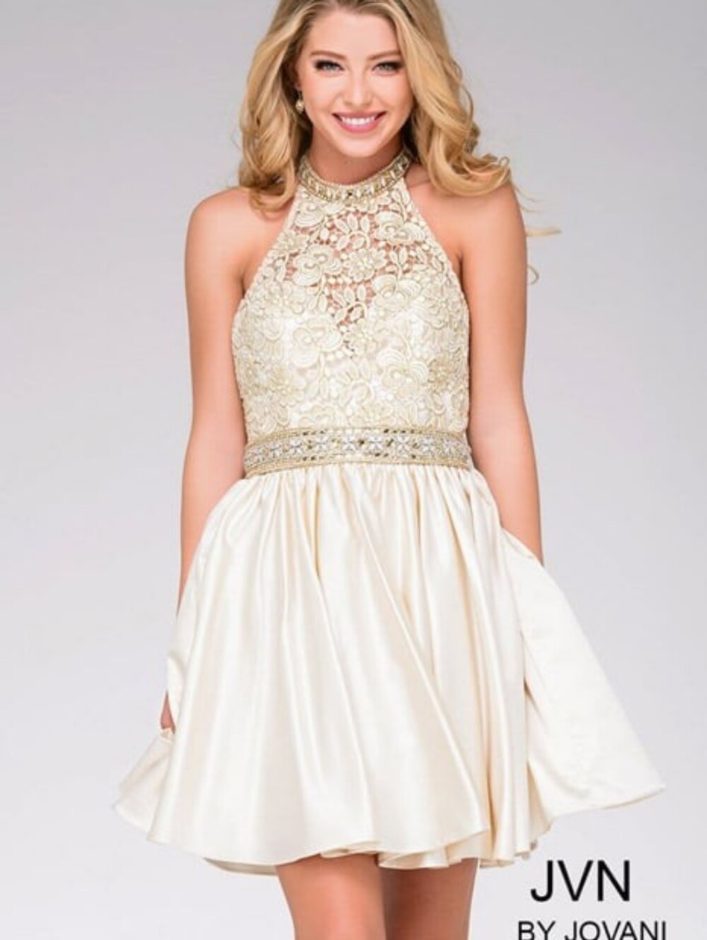 JVN by Jovani JVN42090 Dress Size 6 Light Gold Lace Rhinestone Homecoming CC - Picture 4 of 16